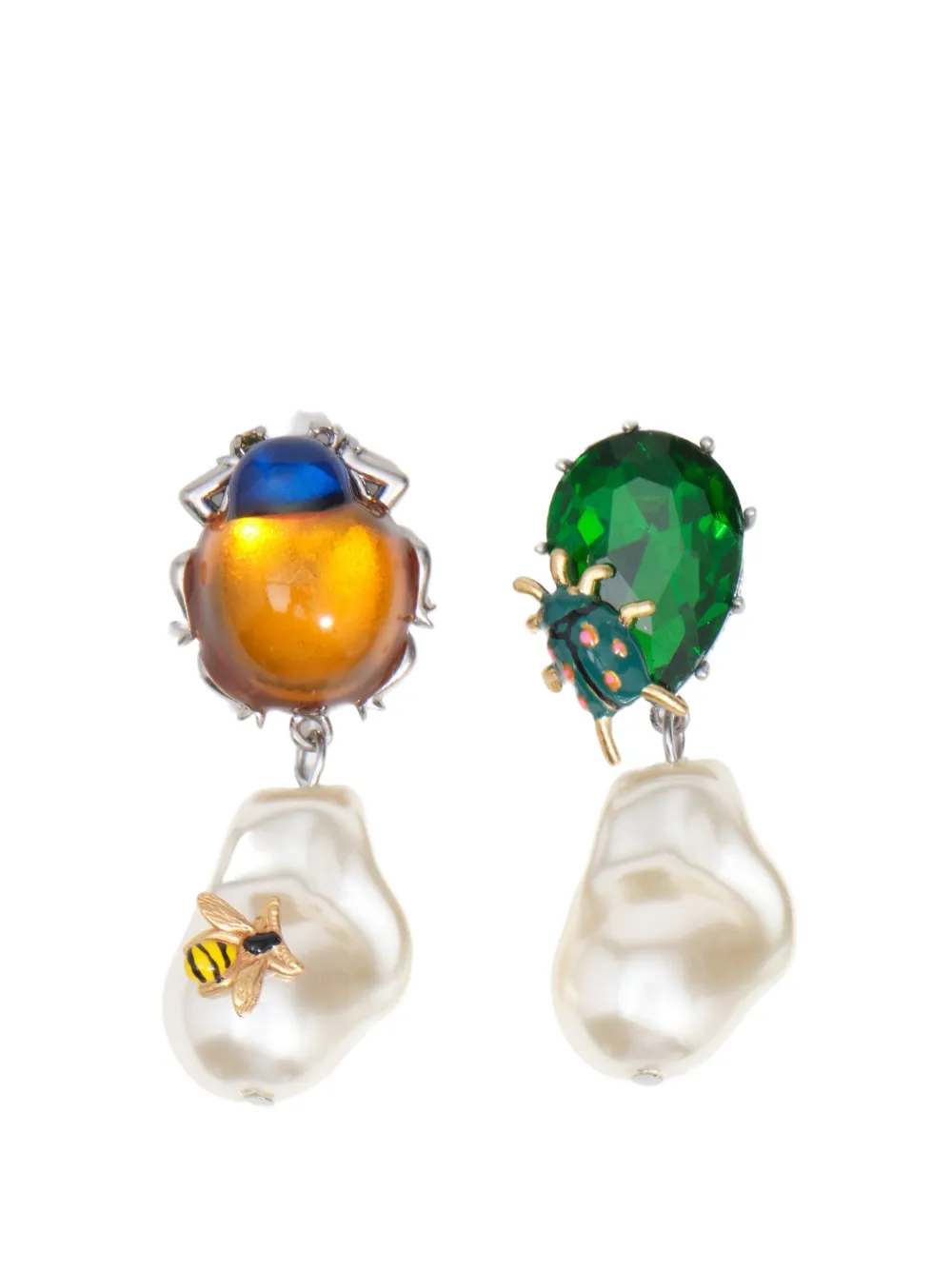 BIMBA Y LOLA beetle earrings with amber, crystals, and pearls