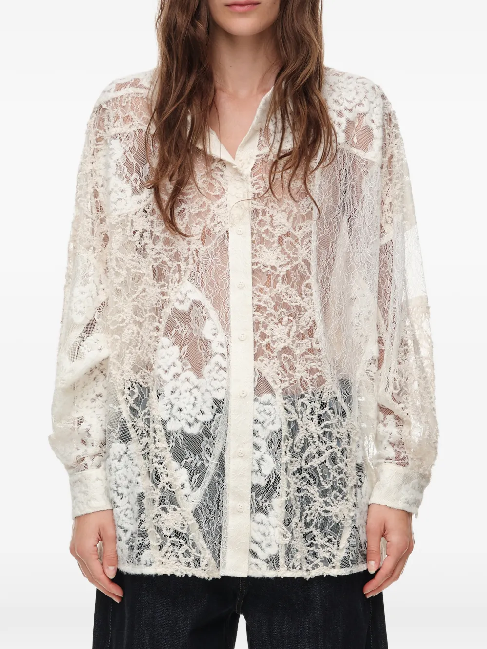 BIMBA Y LOLA Oversized blouse met kanten patchwork Beige