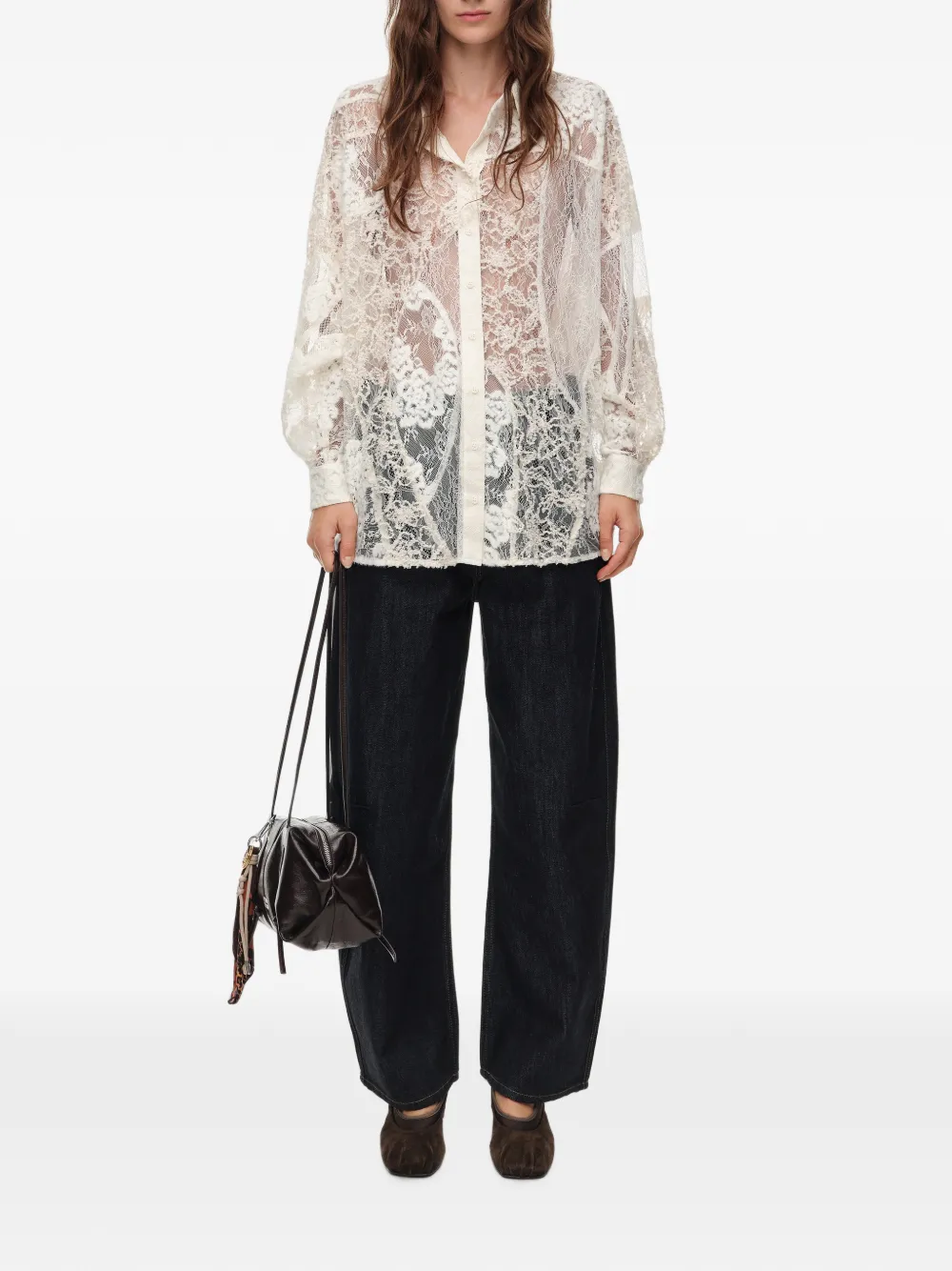BIMBA Y LOLA Oversized blouse met kanten patchwork Beige