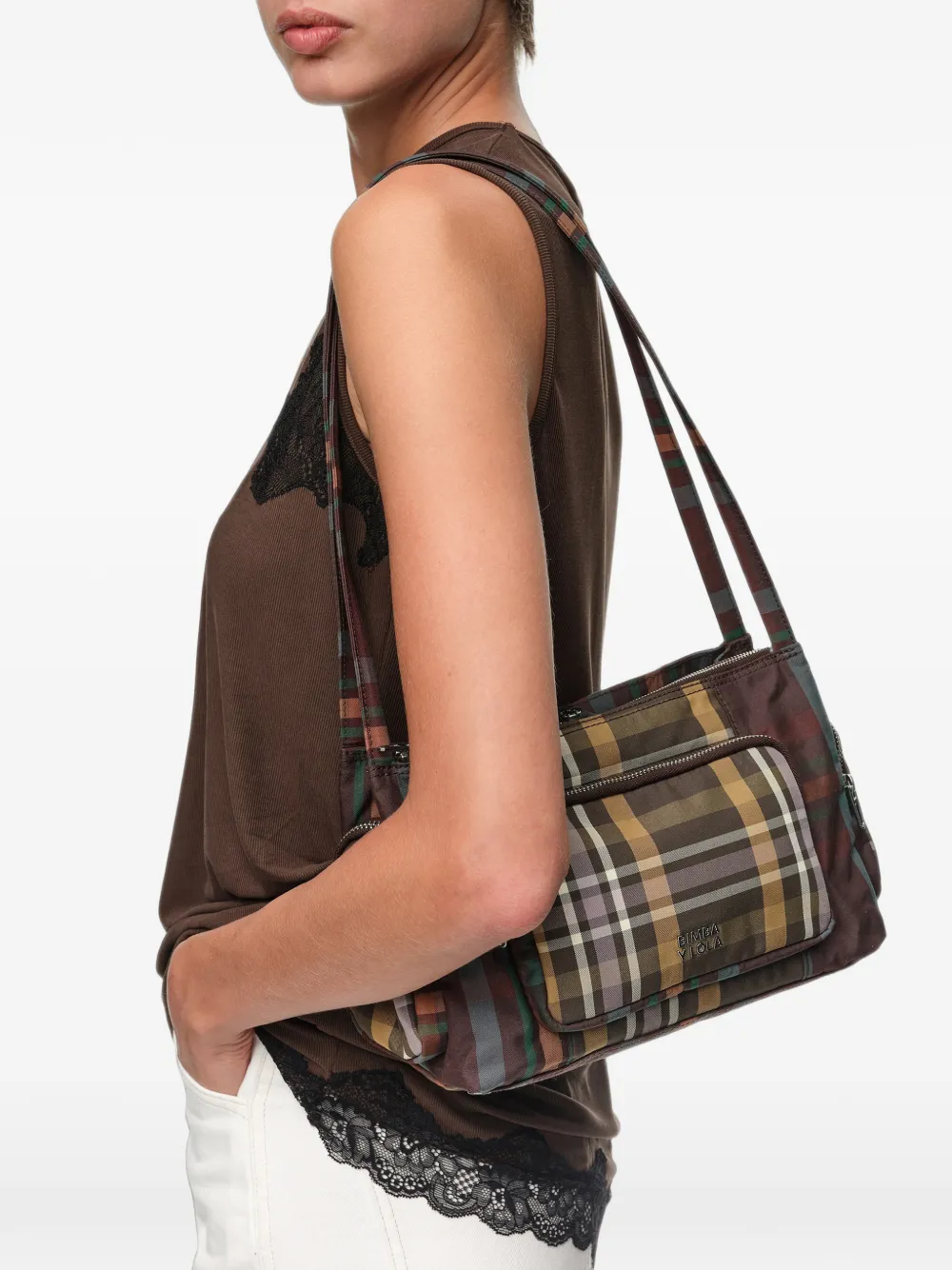 BIMBA Y LOLA Grote schoudertas met tartan-ruit en zak Bruin