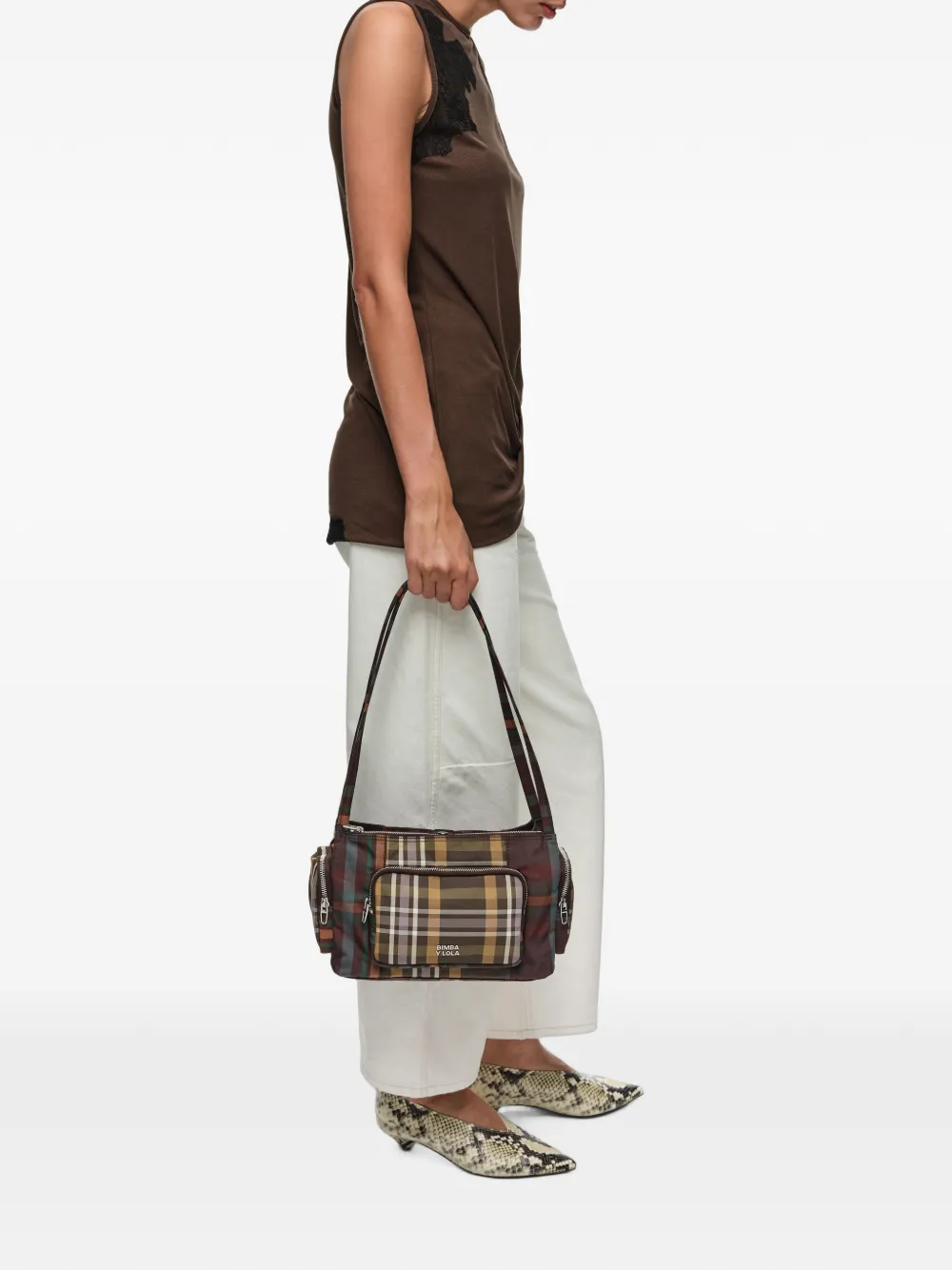 BIMBA Y LOLA Grote schoudertas met tartan-ruit en zak Bruin