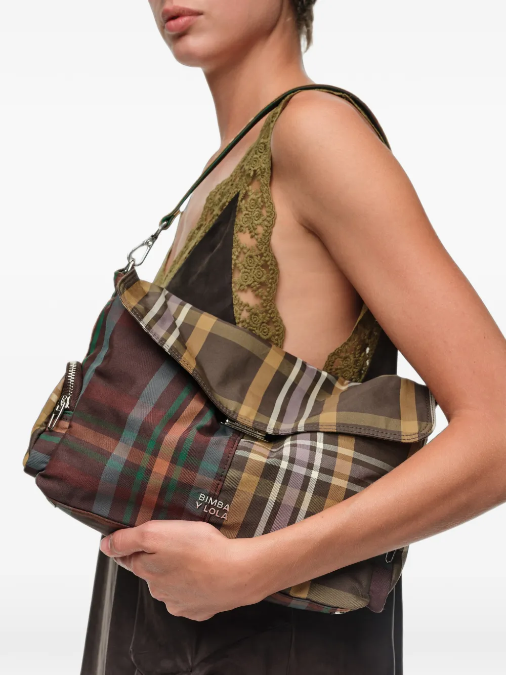 BIMBA Y LOLA Grote tartan tas met klepzak Bruin