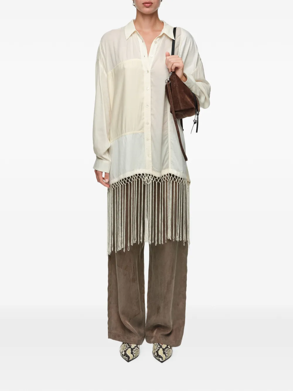 BIMBA Y LOLA Blouse met patchwork en franje Beige