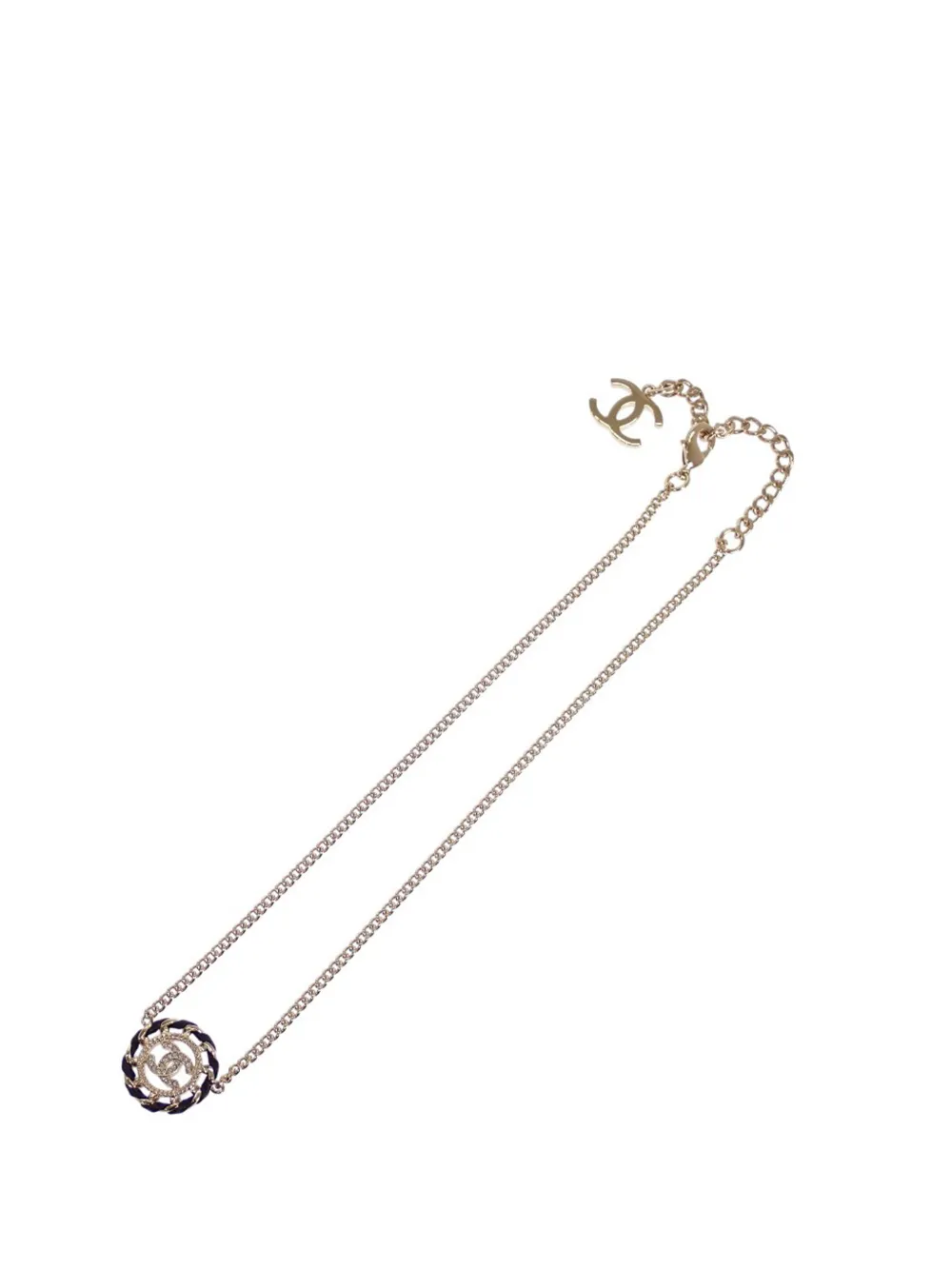 CHANEL Pre-Owned 2026 CC Gold Plated Crystal and Leather Interlaced Round Pendant Necklace costume necklace - Oro