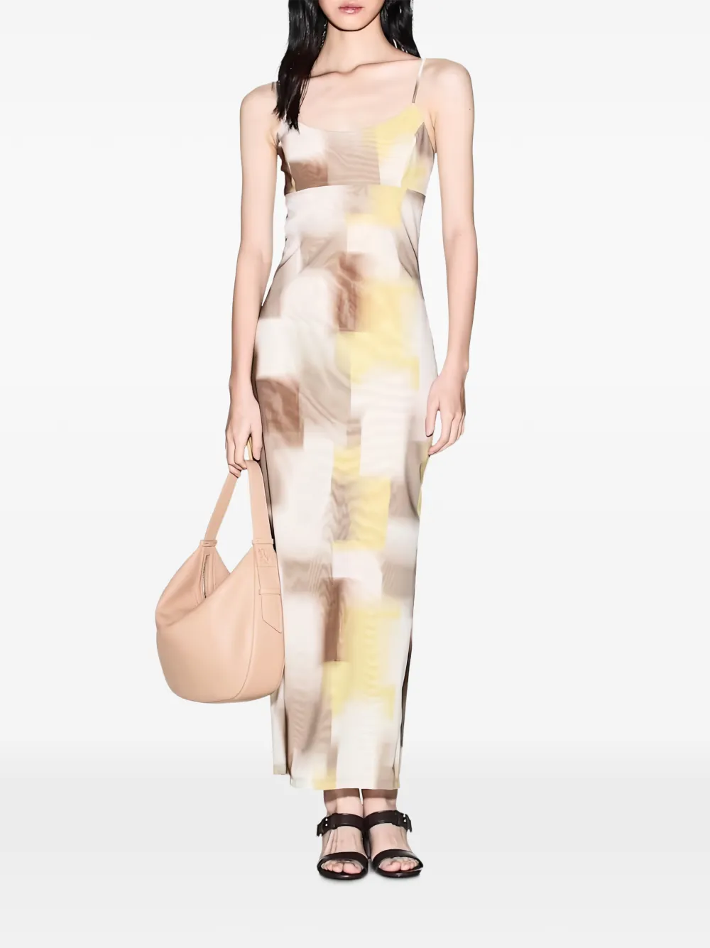 Armani Exchange Maxi-jurk met spaghettibandjes en abstracte print Beige