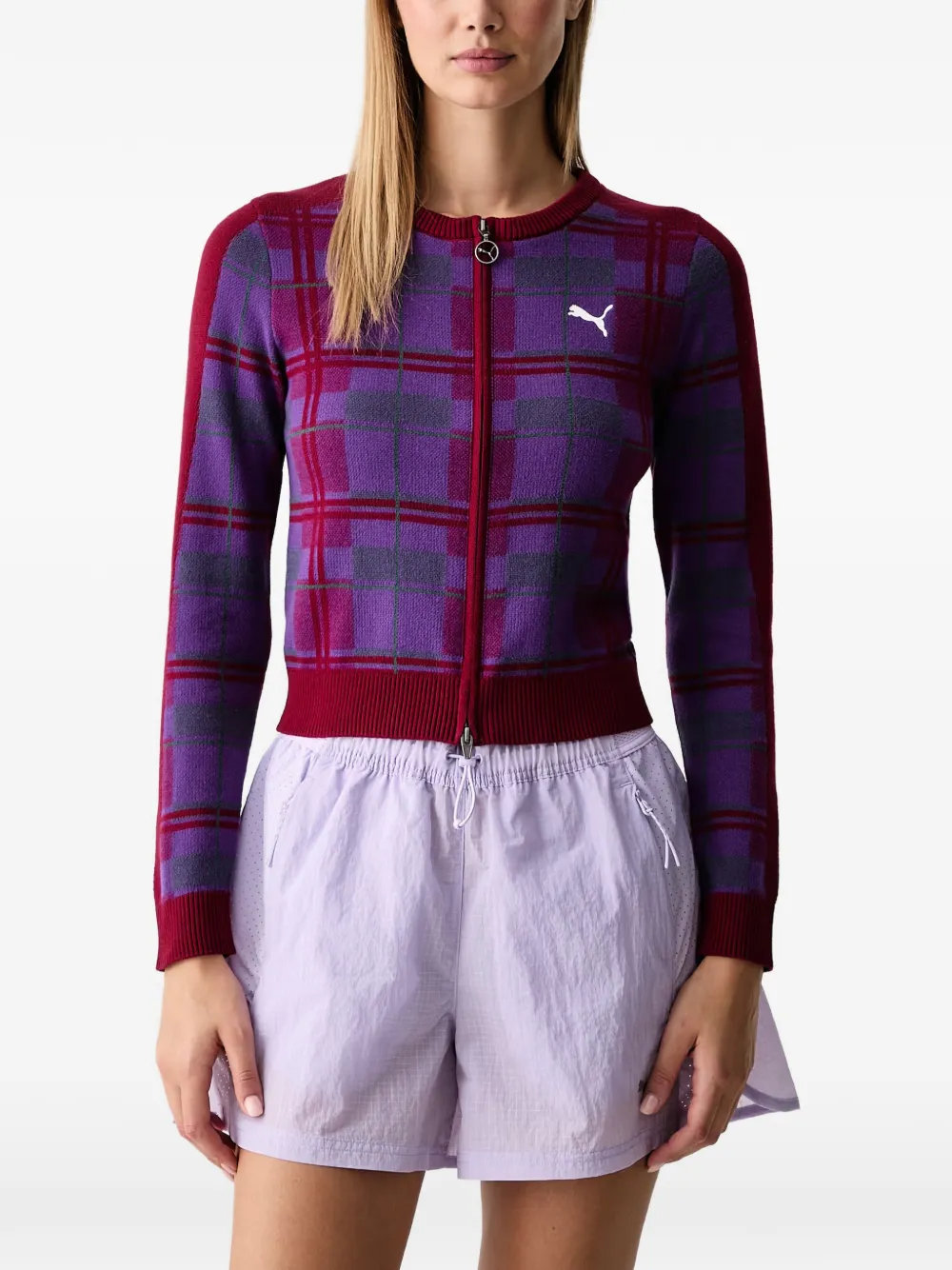 PUMA T7 plaid-knit zip-up cardigan