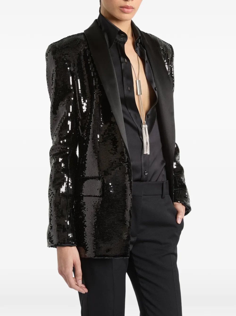 Balmain Satijnen jack met pailletten en één knoop Zwart