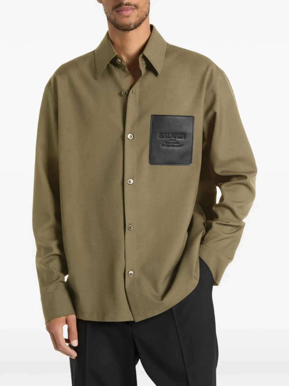 Balmain Wollen shirtjack met leren vintage label Groen