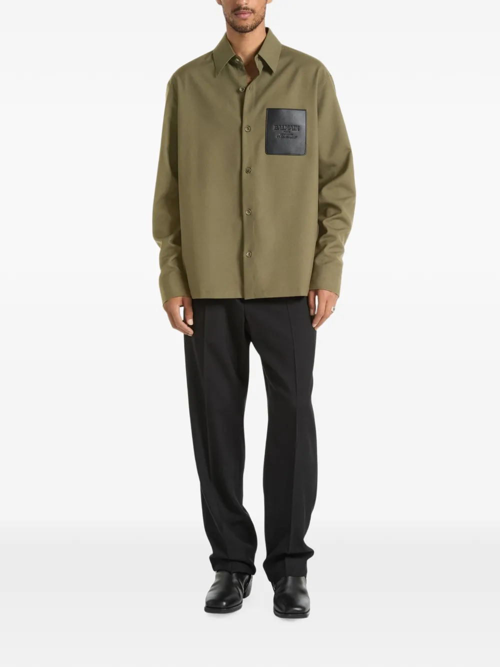 Balmain Wollen shirtjack met leren vintage label Groen
