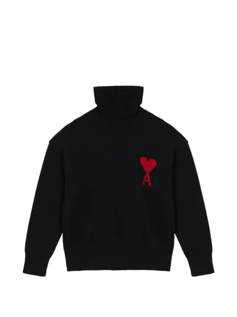 AMI Paris pull en laine à col cheminée noir avec Ami de Cœur