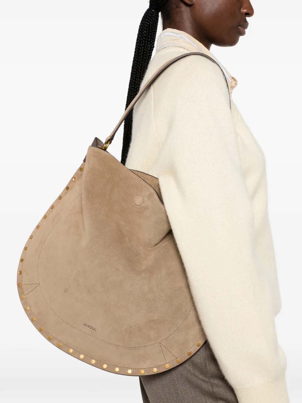 ISABEL MARANT Oskan suède schoudertas met studs Beige