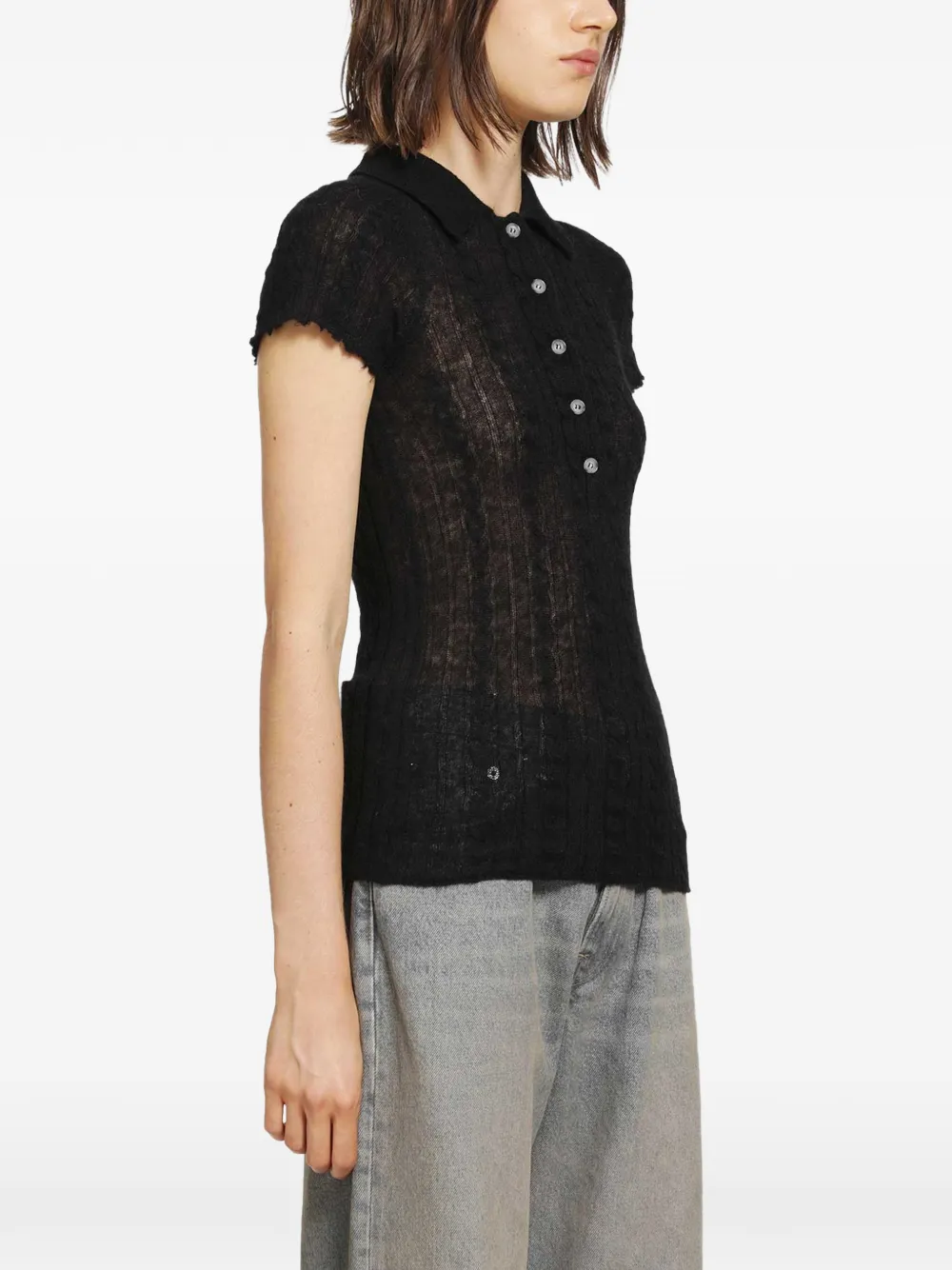 Haikure semi-sheer cable-knit polo shirt Zwart