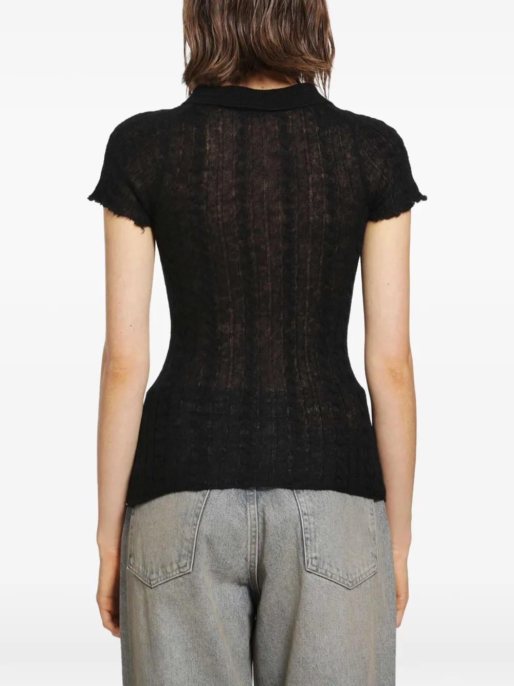 Haikure semi-sheer cable-knit polo shirt Zwart