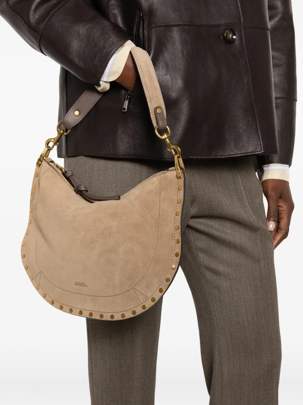 ISABEL MARANT Oskan suède schoudertas met studs Beige