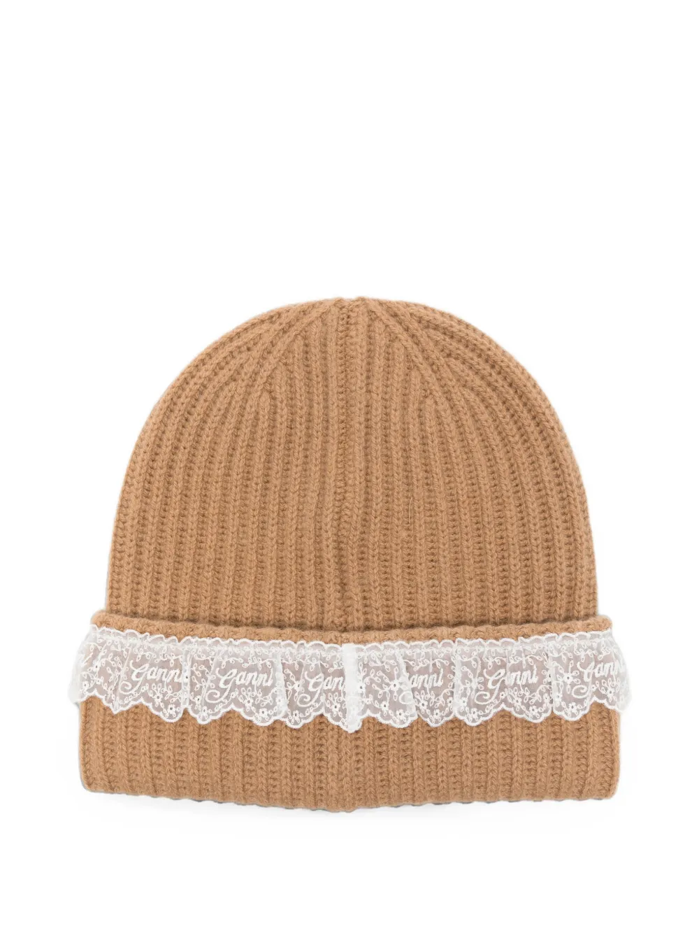 GANNI Geribbelde muts met kanten afwerking Beige
