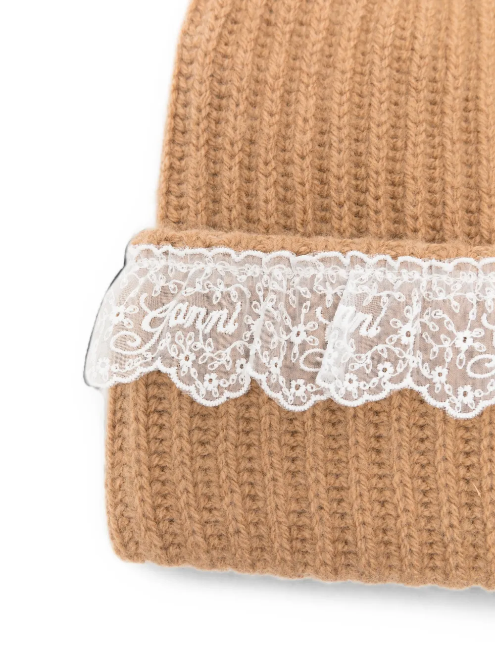 GANNI Geribbelde muts met kanten afwerking Beige