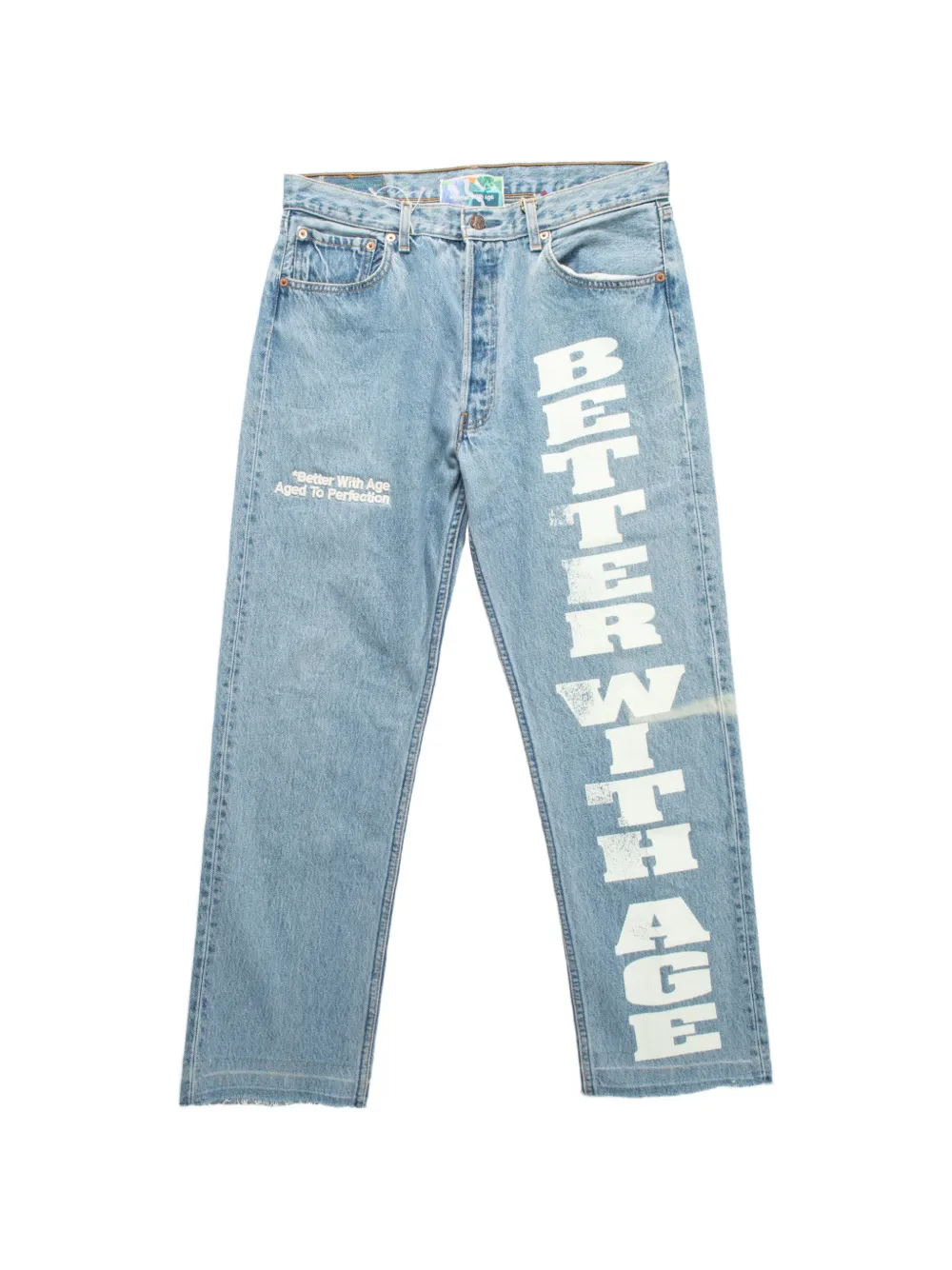 Better with Age logo-print frayed straight-leg jeans