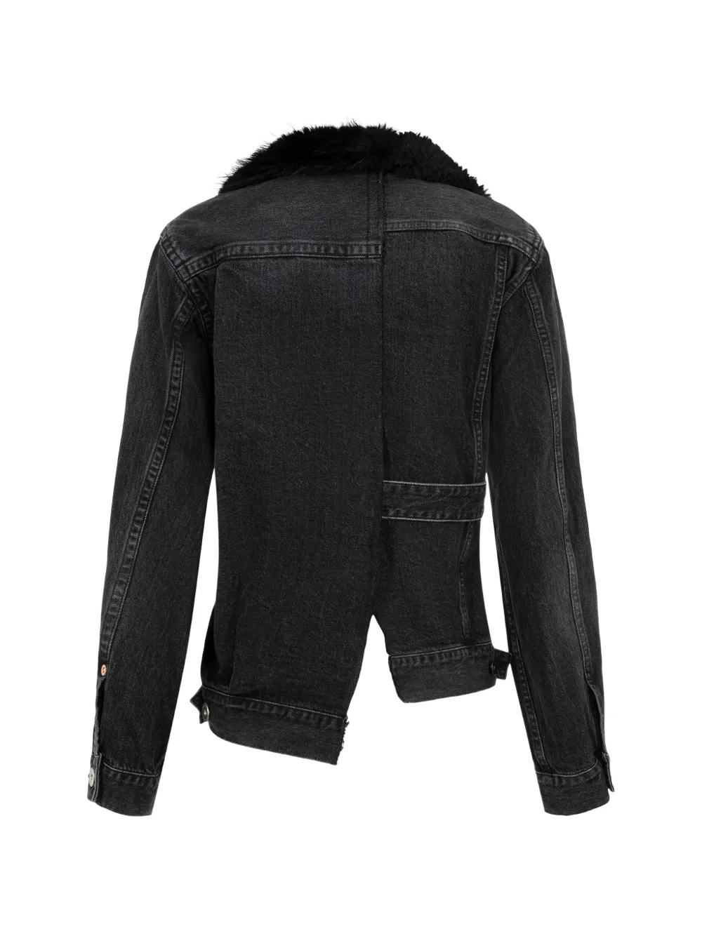 sacai Asymmetrisch denim jack met kraag van imitatiebont Zwart