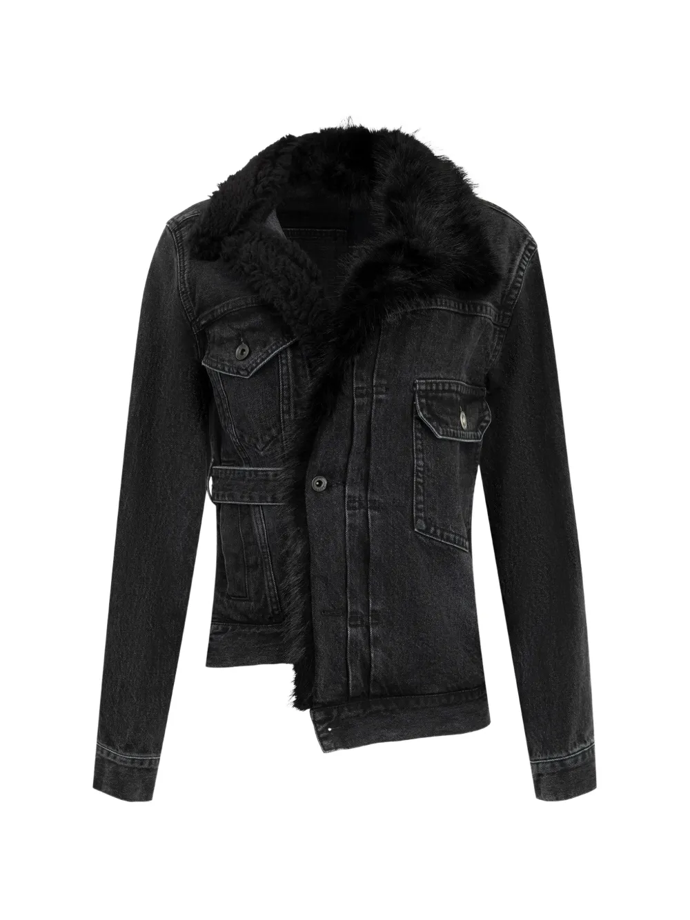sacai asymmetric faux-fur collar denim jacket - Nero