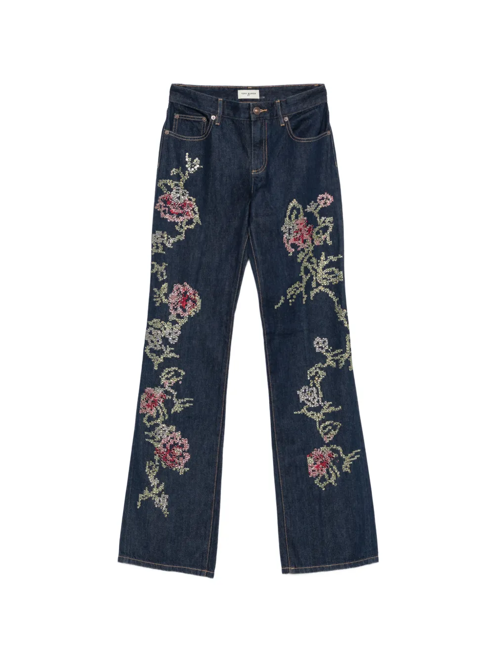 Tory Burch crystal-embellished floral-embroidered jeans