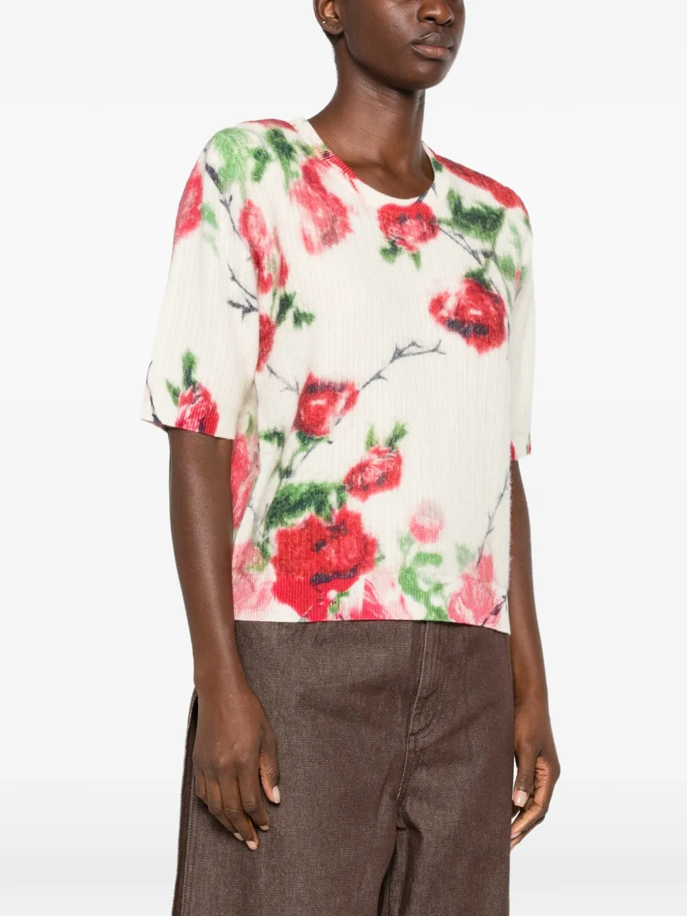 Blumarine St. Rose ribgebreide trui met bloemenprint Beige