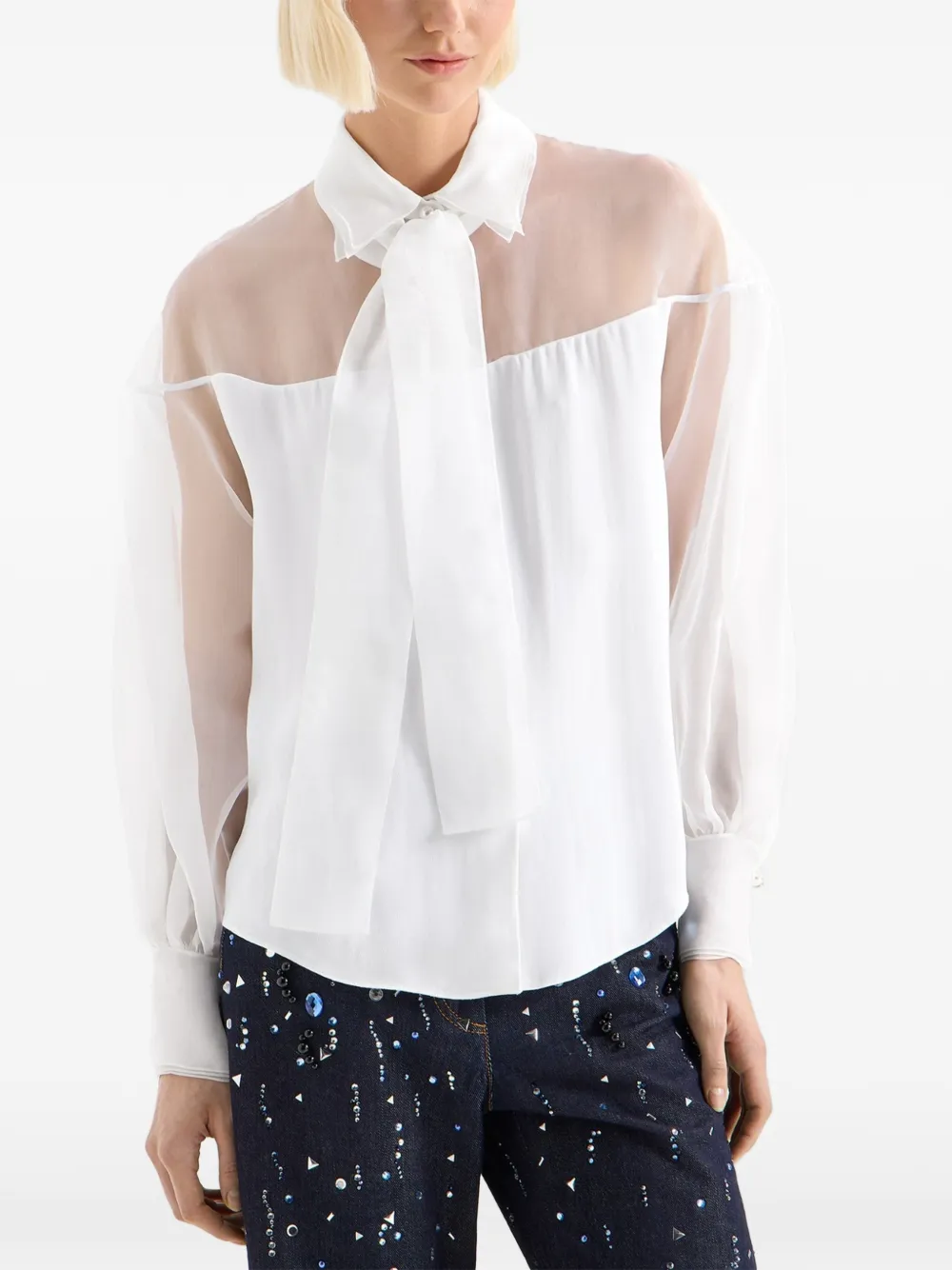 Genny sheer-panel pussy-bow shirt Wit
