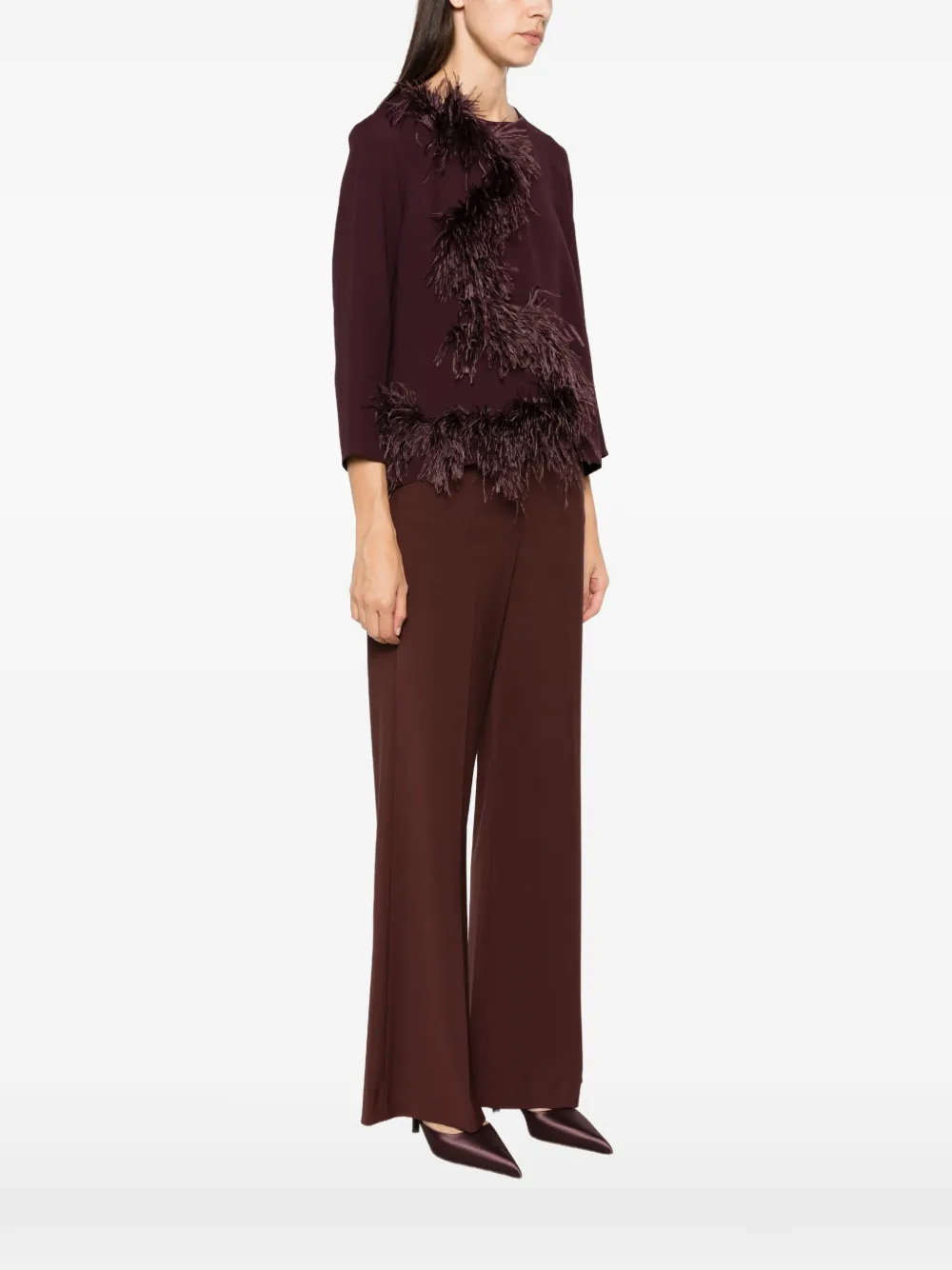 Antonelli Mango feather-trim three-quarter sleeve top Paars
