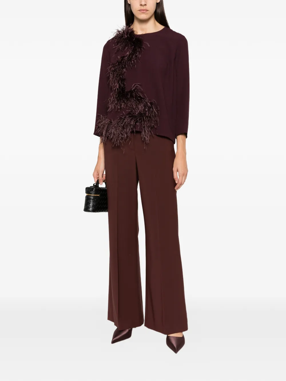 Antonelli Mango feather-trim three-quarter sleeve top Paars