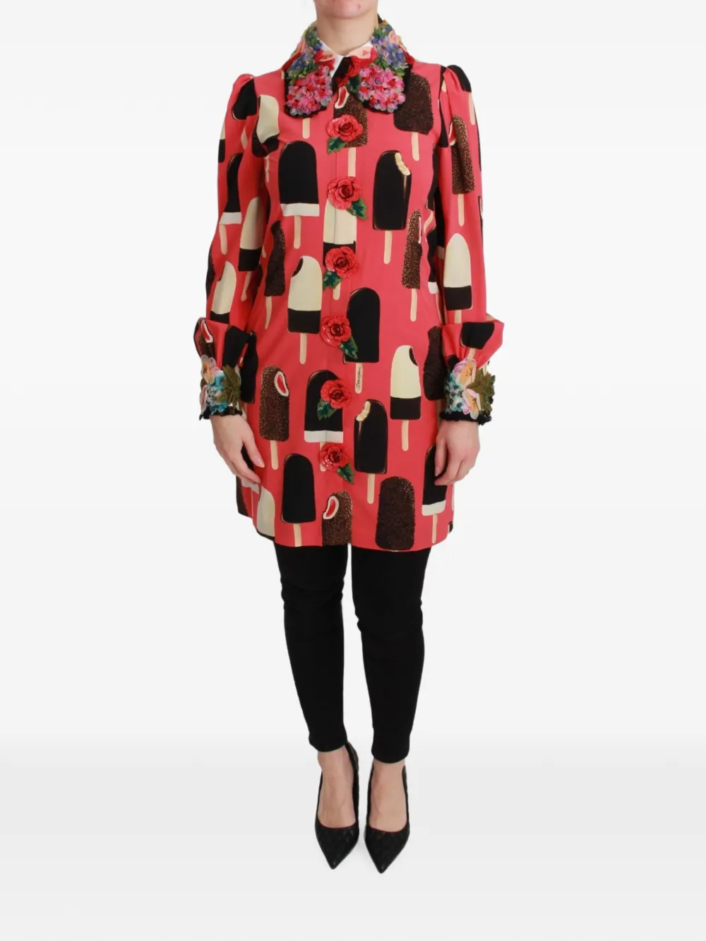 Dolce & Gabbana ice cream-print floral-appliqué dress - Red