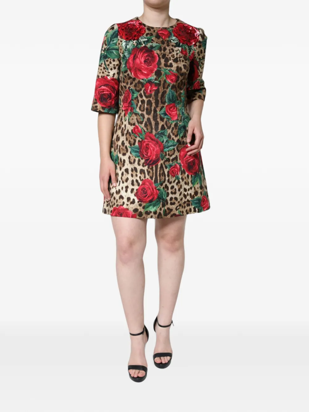 Dolce & Gabbana leopard-print rose-appliqué mini dress - Marrone