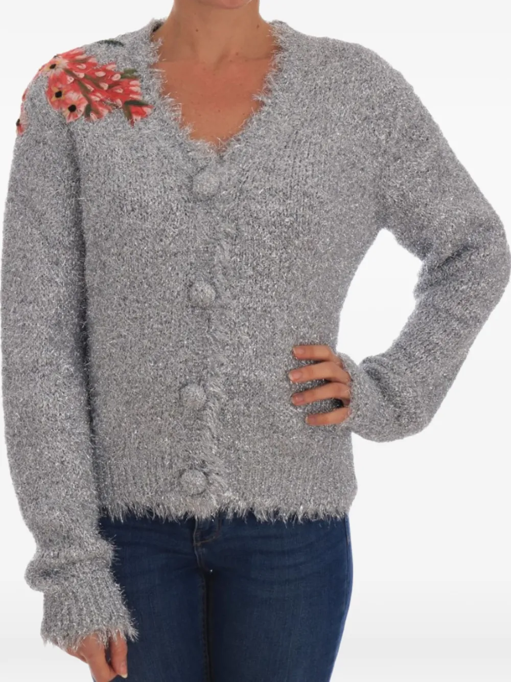 Dolce & Gabbana floral-appliqué metallic cardigan - Silver