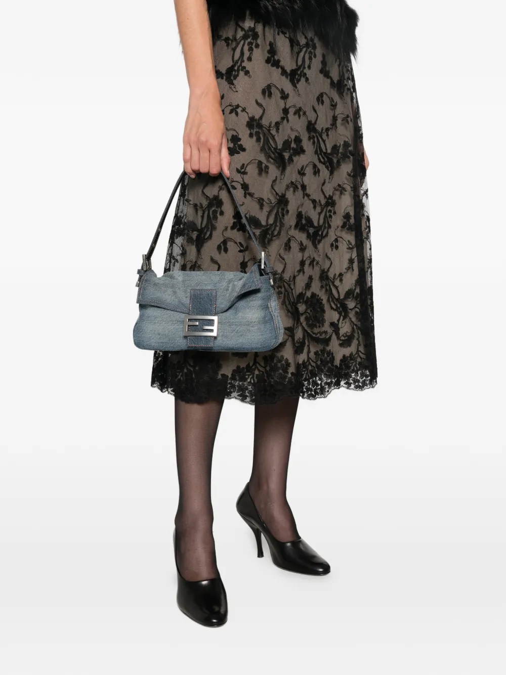 FENDI Baguette 26424 denim schoudertas Blauw