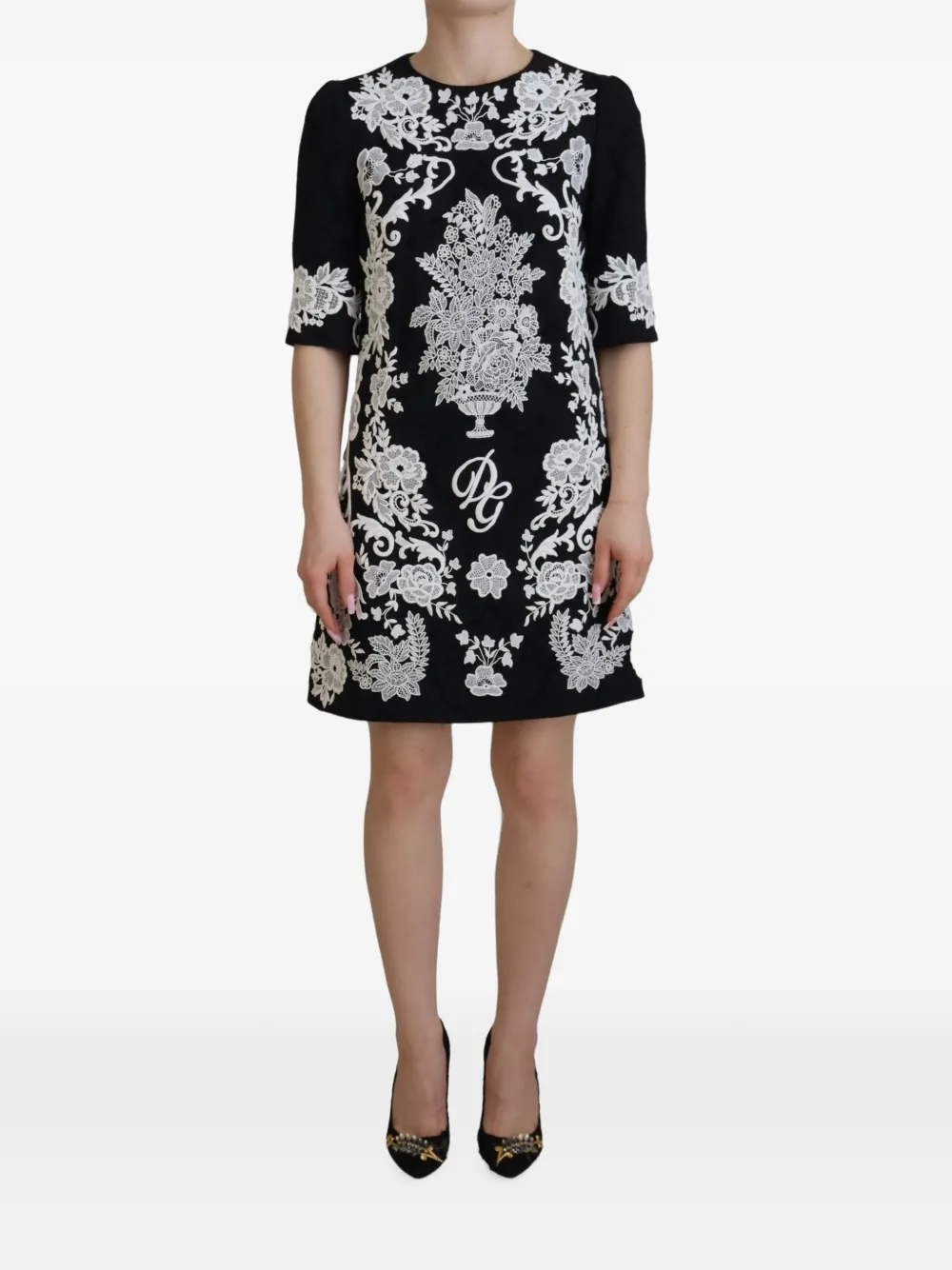 Dolce & Gabbana floral-embroidered DG logo dress Zwart
