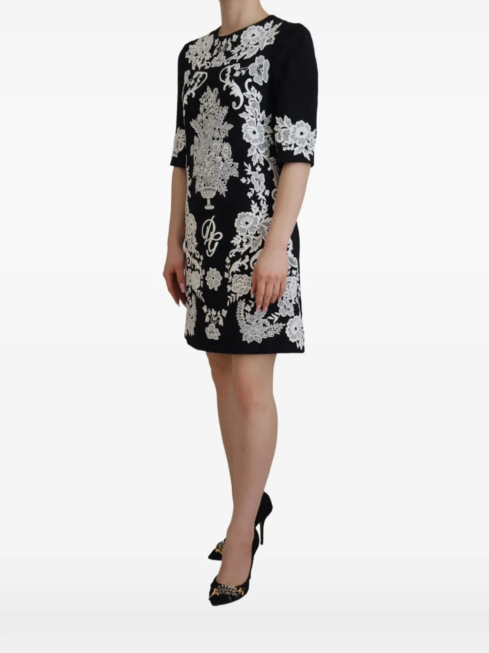 Dolce & Gabbana floral-embroidered DG logo dress Zwart