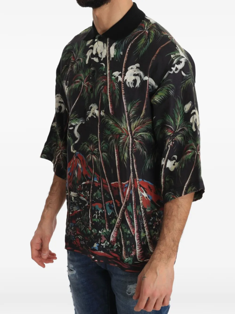 Dolce & Gabbana tropical-print volcano-print polo shirt Zwart