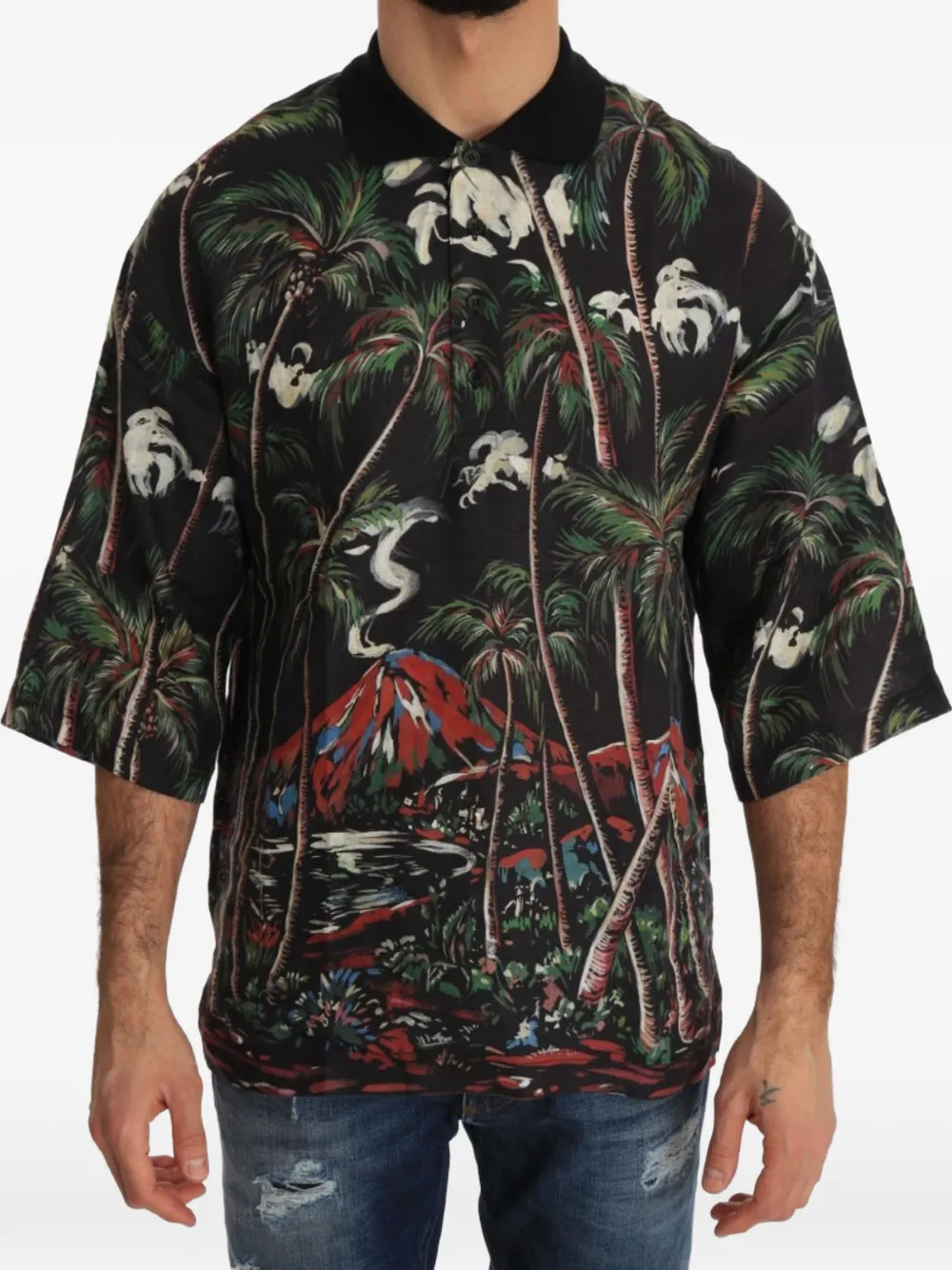 Dolce & Gabbana tropical-print volcano-print polo shirt