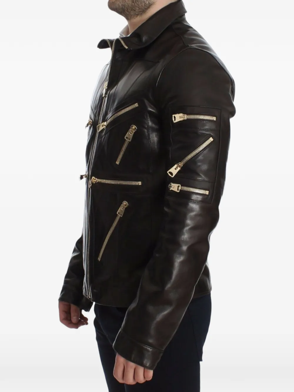 Dolce & Gabbana Leren bikerjack met ritsen Bruin