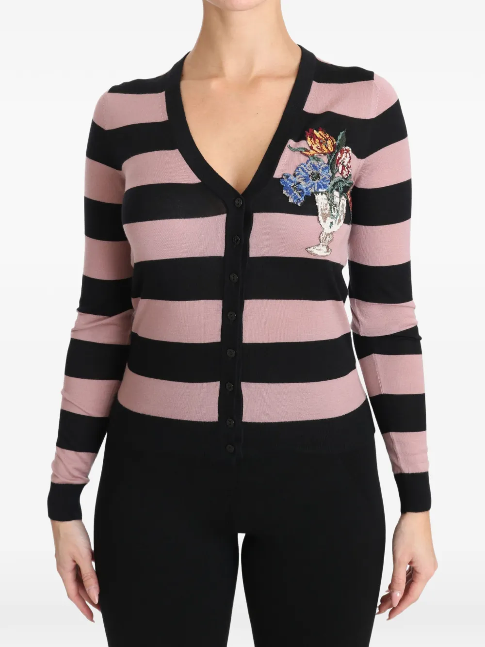 Dolce & Gabbana striped floral-embroidered cardigan - Black