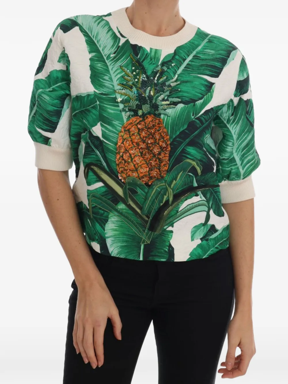 Dolce & Gabbana sequin-pineapple banana-leaf-print top - Grün