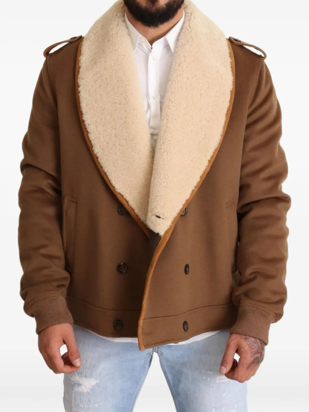 Dolce & Gabbana Jack met dubbele rij knopen en lammy kraag Bruin