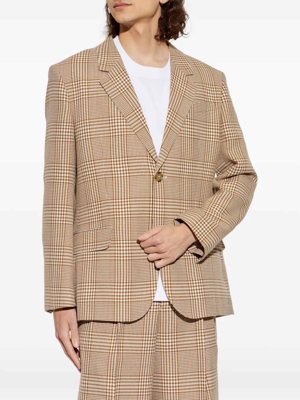 AMI Paris Geruite wollen blazer met enkele rij knopen Bruin