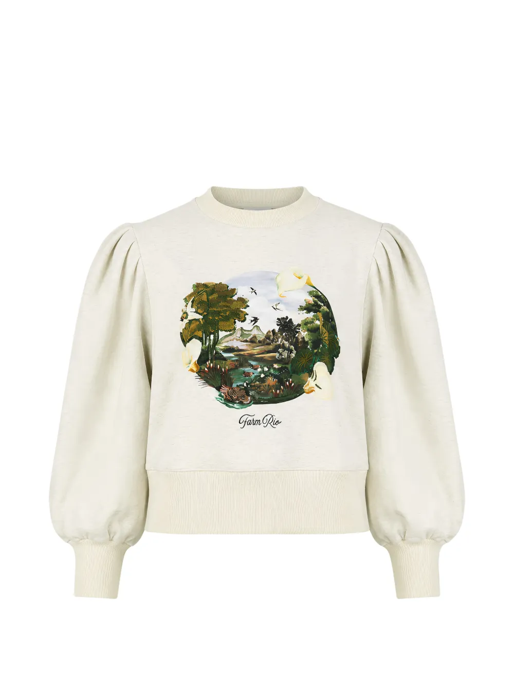 FARM Rio landscape-print puffed-sleeve sweater - Toni neutri