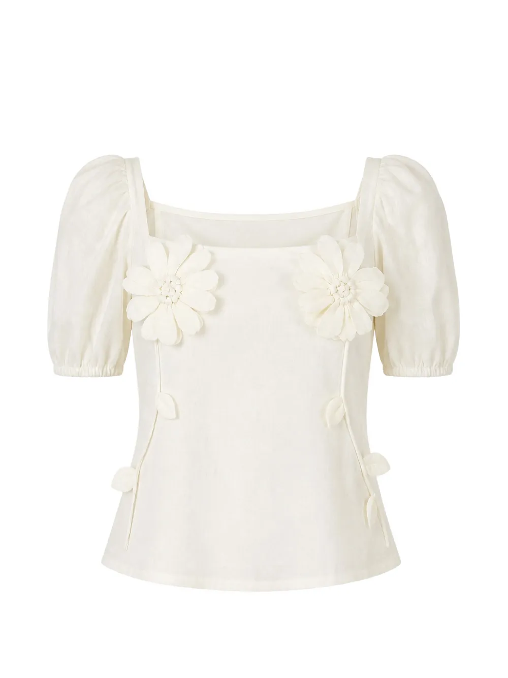 FARM Rio flower-appliqué puff-sleeve blouse - Bianco