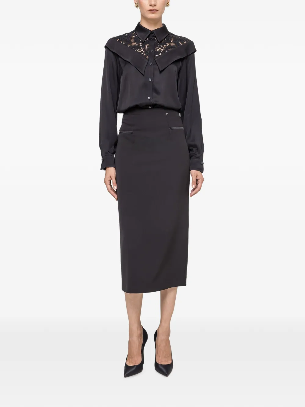 NISSA Satijnen viscose blouse met kanten inzetstuk Zwart