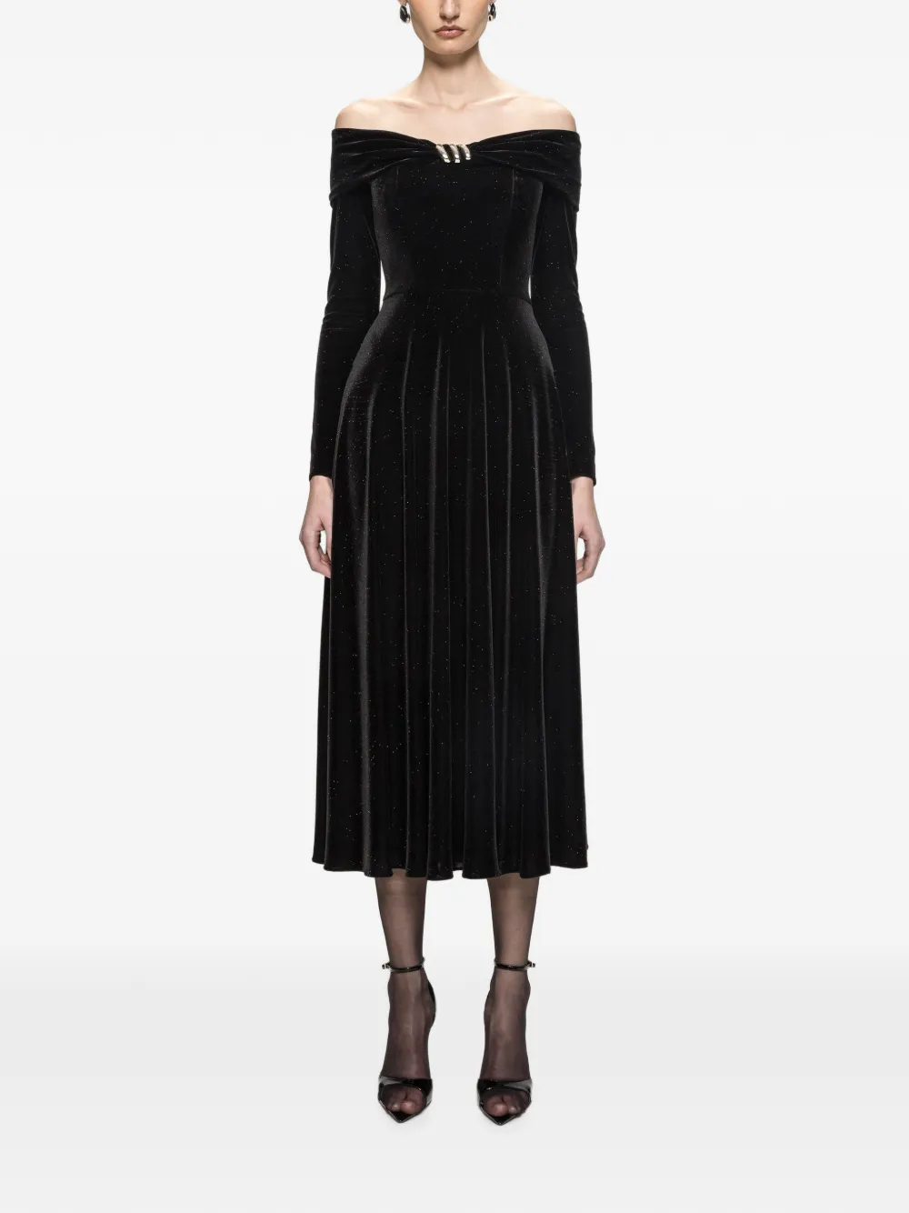 NISSA off-shoulder glitter velvet midi dress