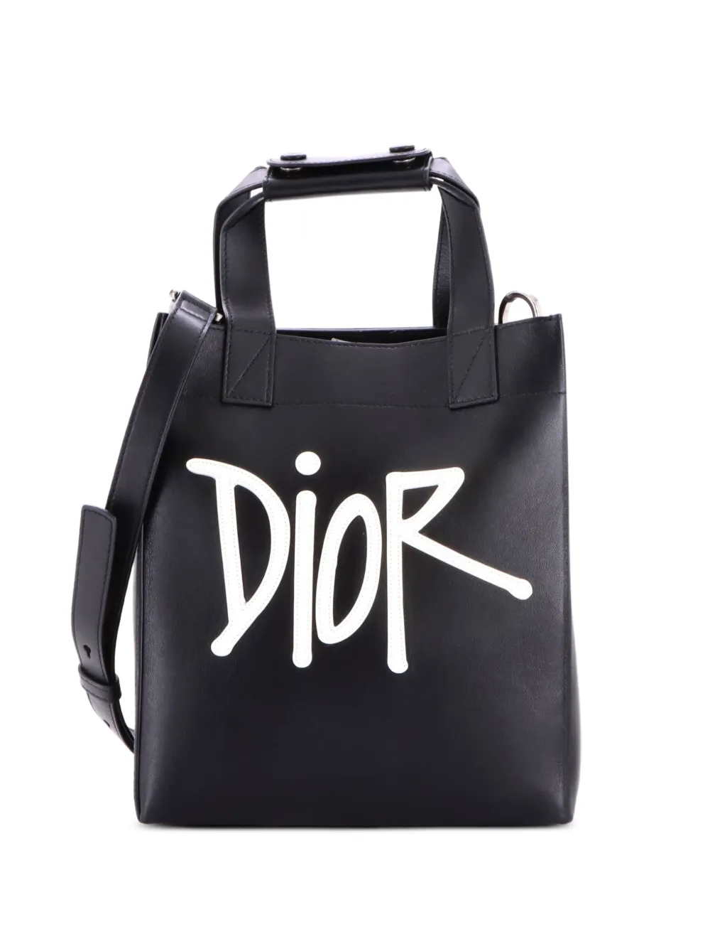 Christian Dior Pre-Owned x Shawn Stussy große D-Dior Tote Bag aus Leder mit Applikation - Schwarz