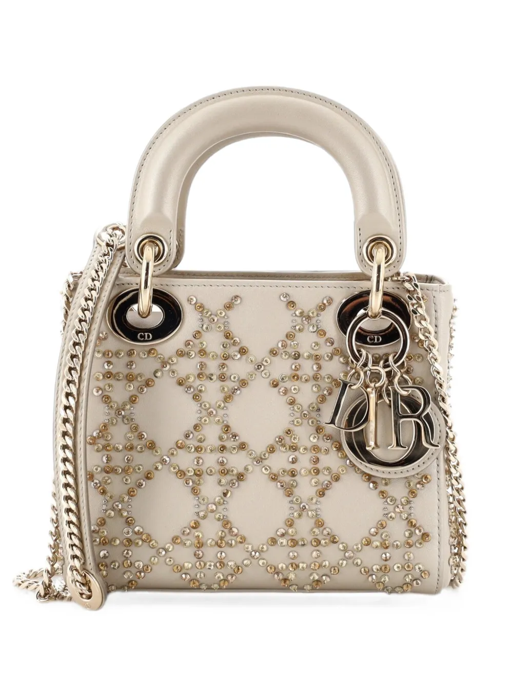 Christian Dior Pre-Owned Lady Dior Chain Bag Crystal Embellished Cannage Quilt Leather Mini satchel - Neutrals