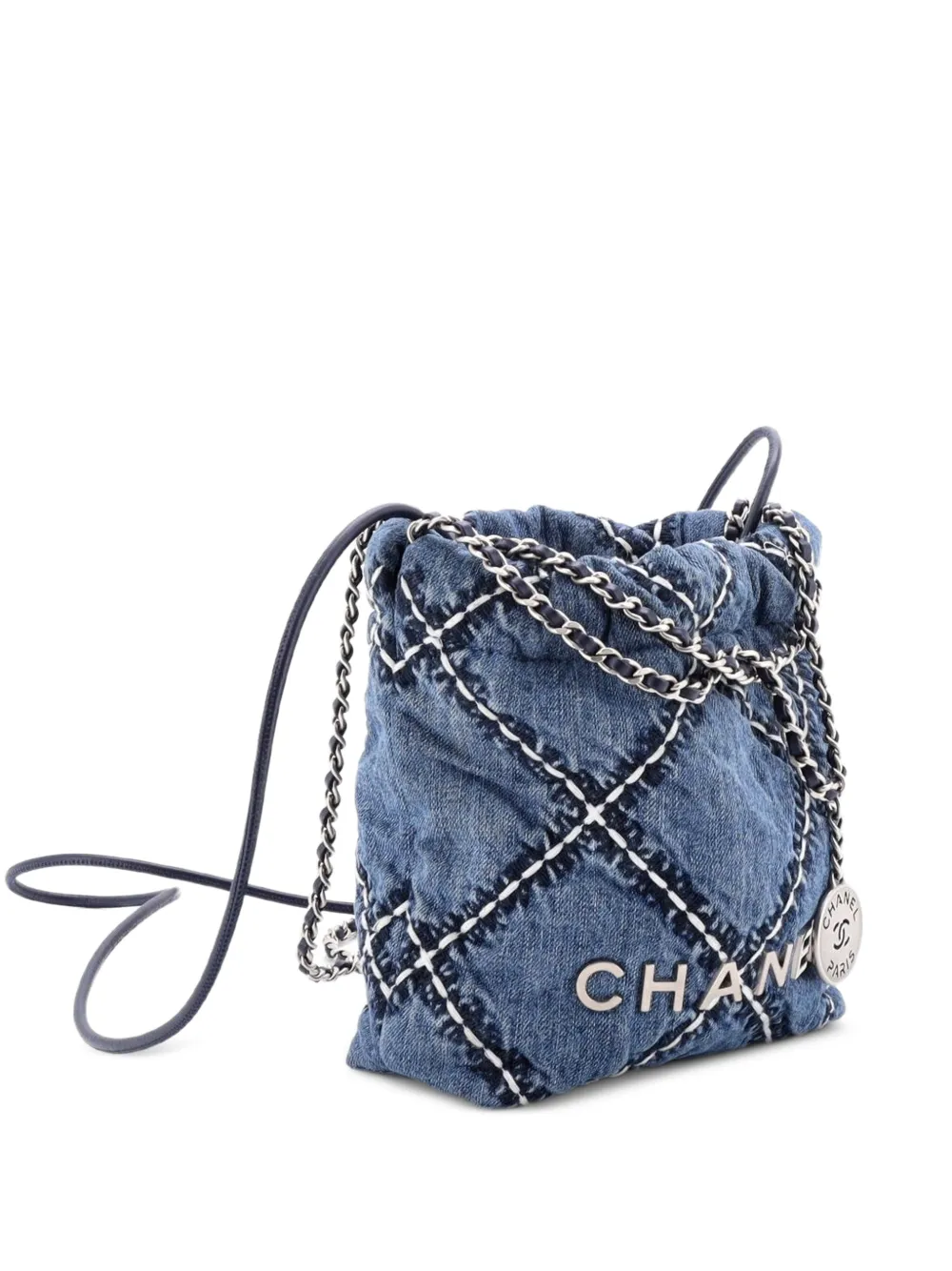 CHANEL Pre-Owned 22 Chain Quilted Stitched Denim Mini hobo bag - Blu