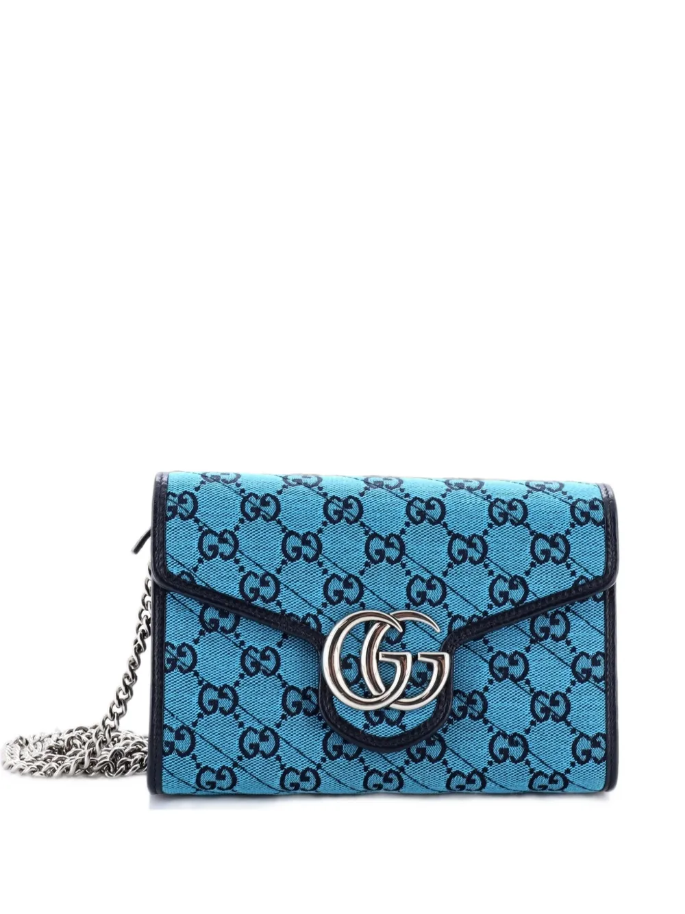 Pre-owned Gucci Gg Marmont Chain Wallet Diagonal Quilted Gg Canvas Mini Crossbody Bag In Blue