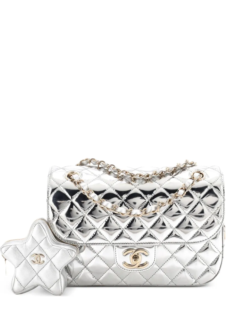CHANEL Pre-Owned Hollywood Boulevard Flap Bag with Star Coin Purse Quilted Metallic Leather Small shoulder bag - Argento